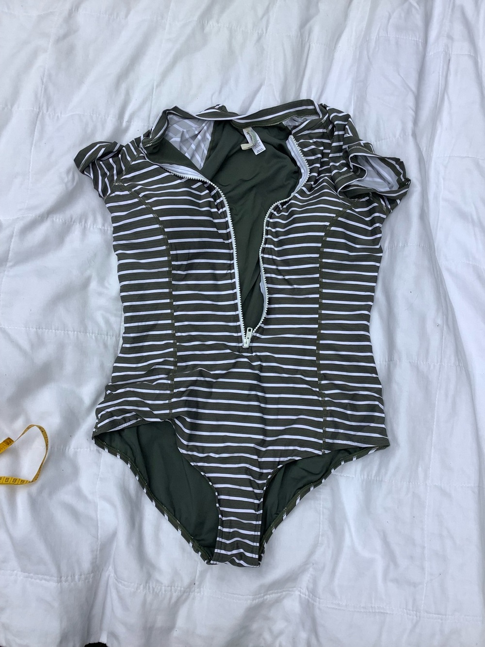 Striped Olive Green Zip-Front One-Piece Swimsuit